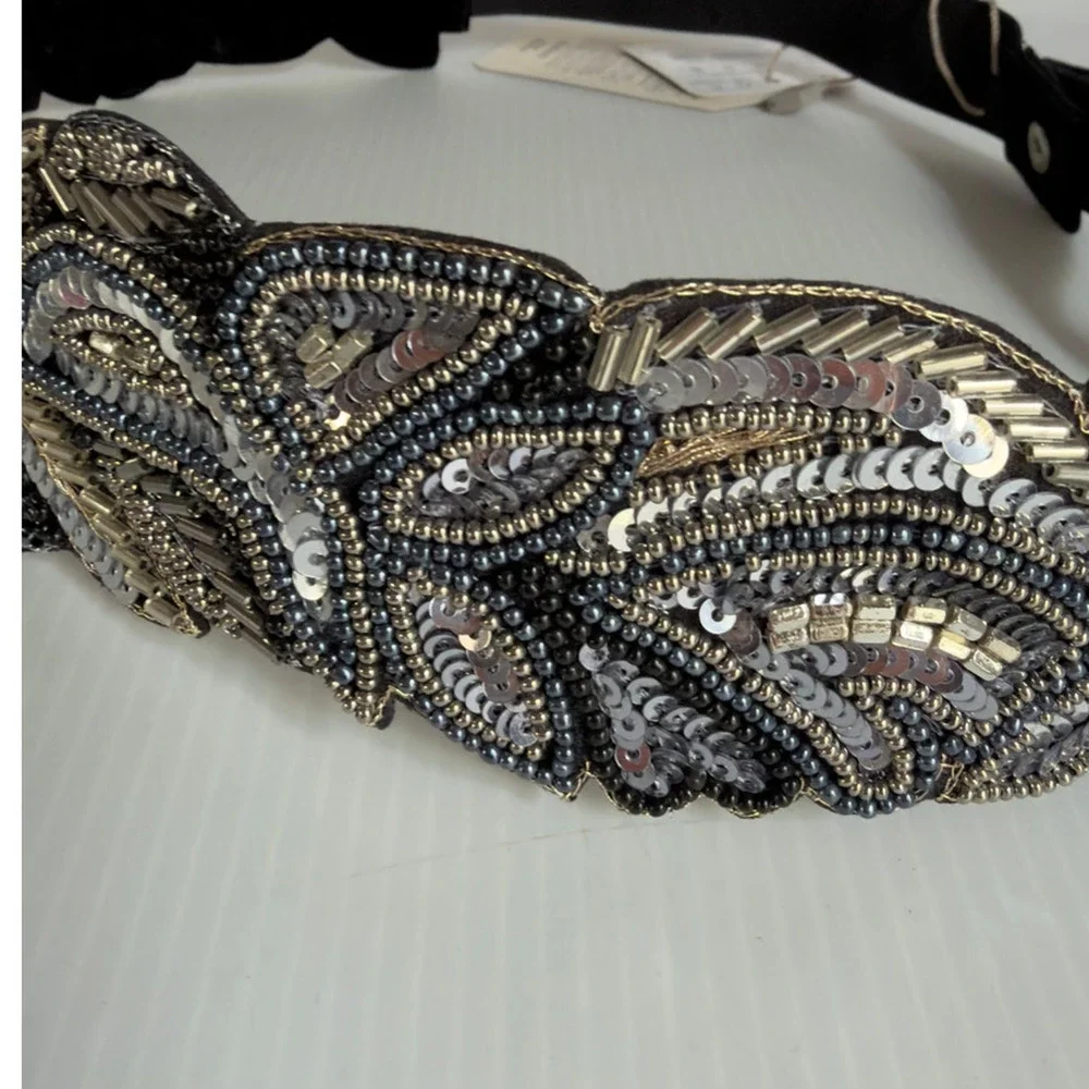 Silver Beaded Embroidered Boho Festival Floral Belt Elastic Sz 34 Waistband NWT